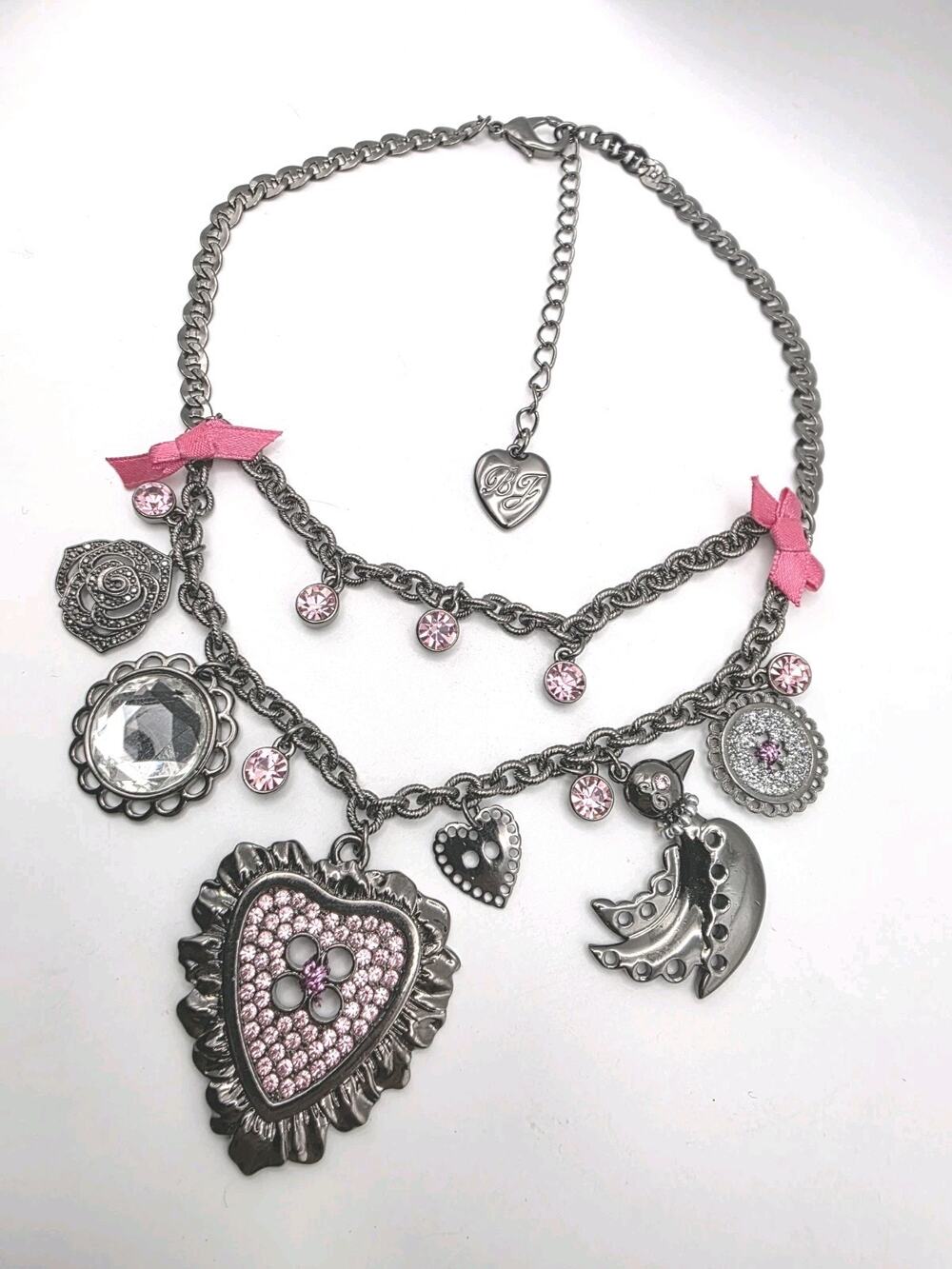 Betsey Johnson Gunmetal Pink Rhinestone Heart Duck Statement Necklac8